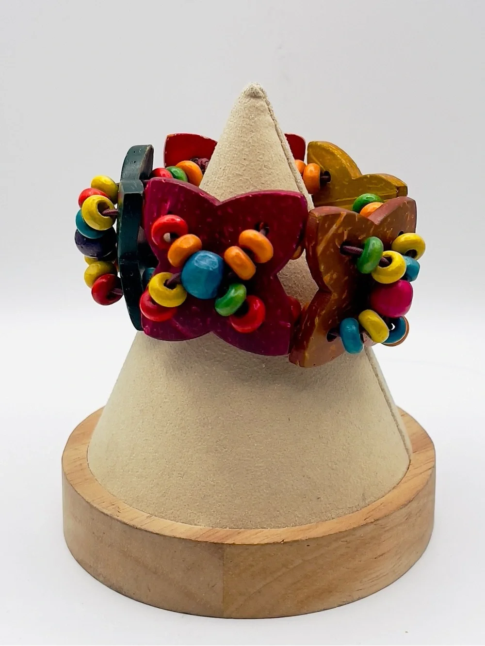 Chunky Boho Multicolor Wooden Flower Stretch Statement Bracelet